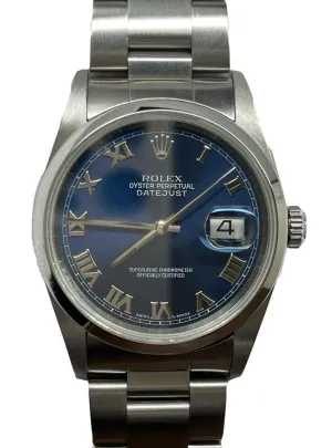 Rolex Datejust 36mm 16200 Blue Roman Dial Automatic Watch