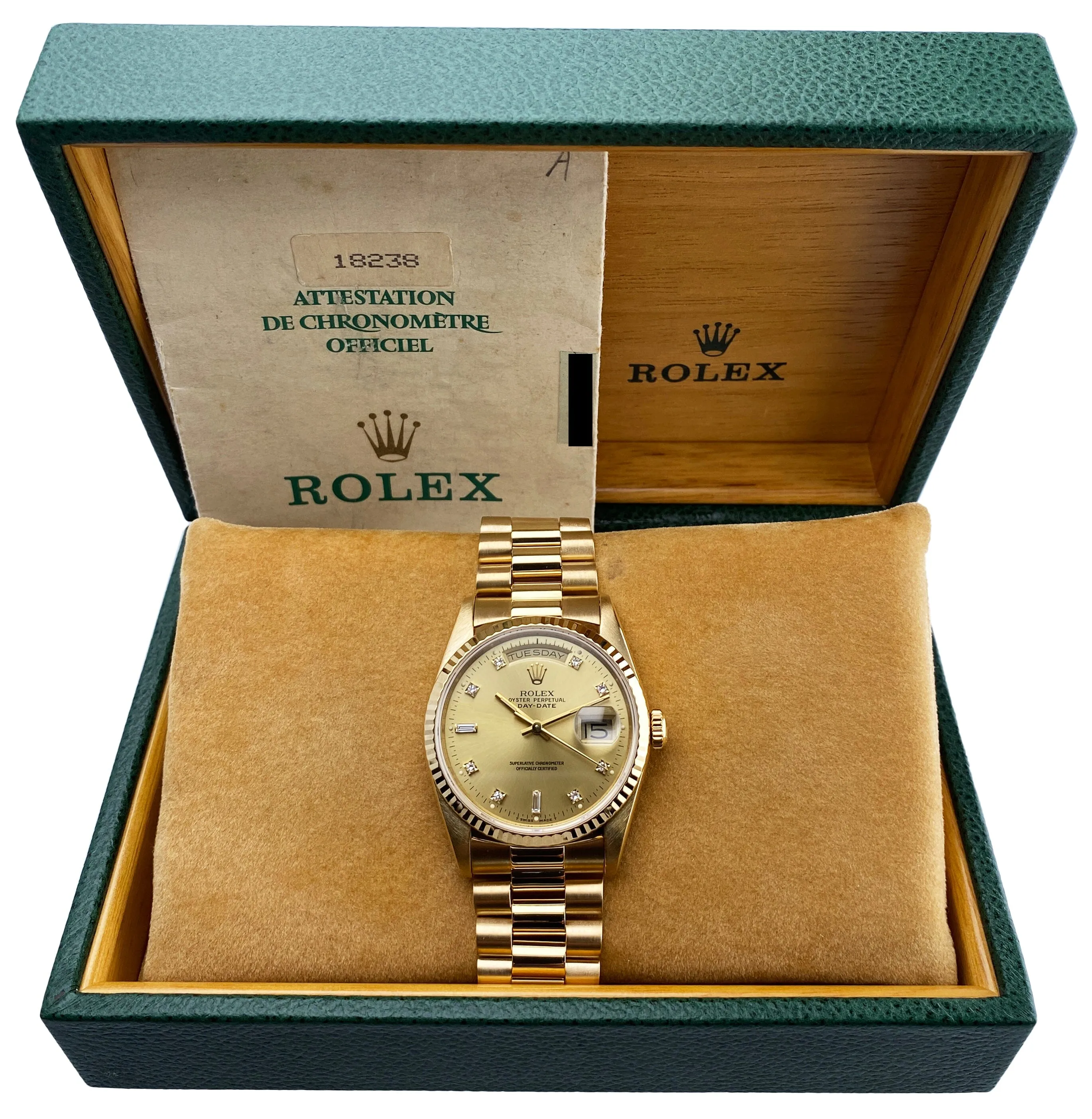 Rolex Day Date 18238 Diamond Dial Mens Watch Box Papers