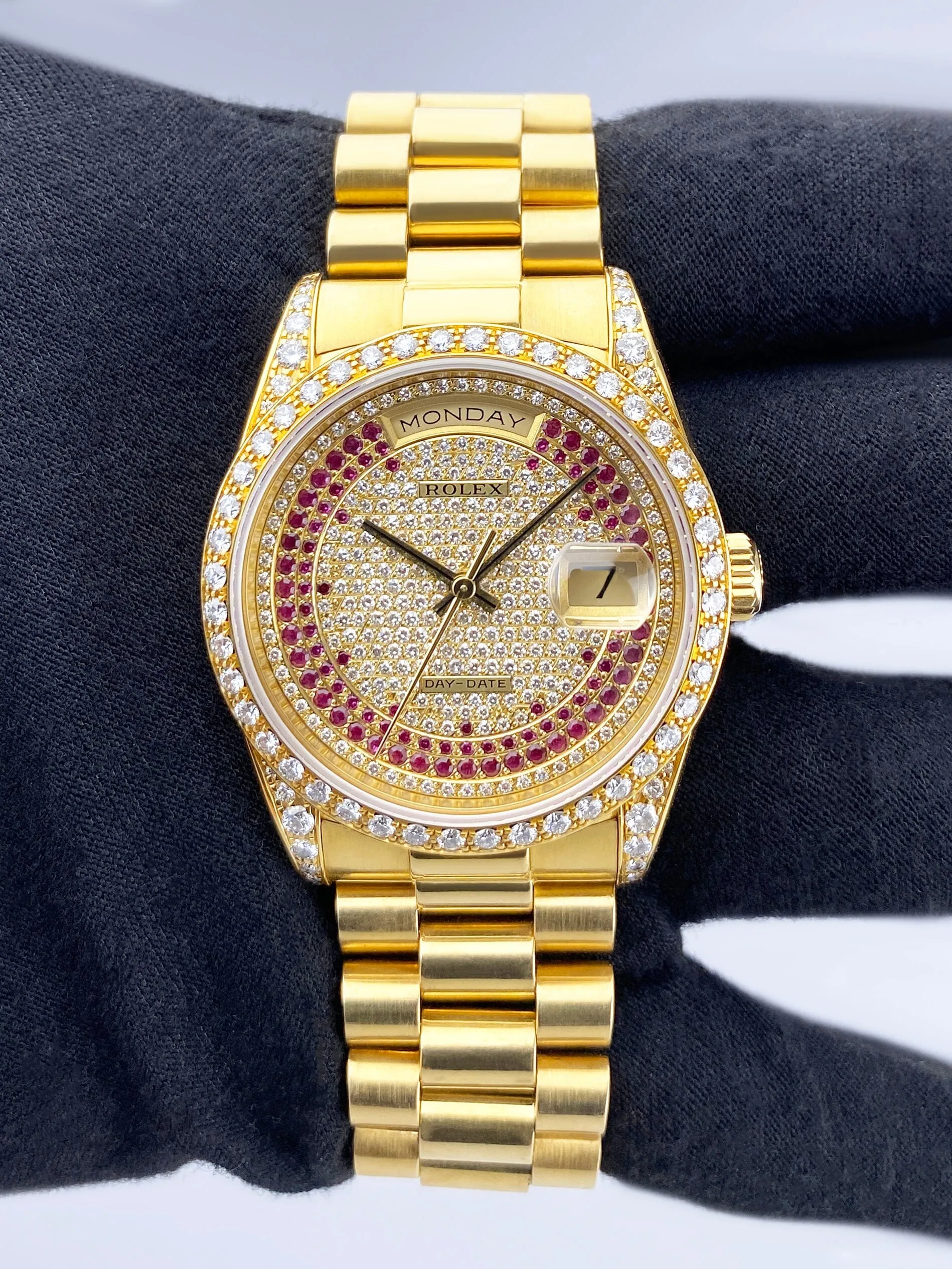 Rolex Day Date 18388 Diamond Ruby Pave Dial Mens Watch