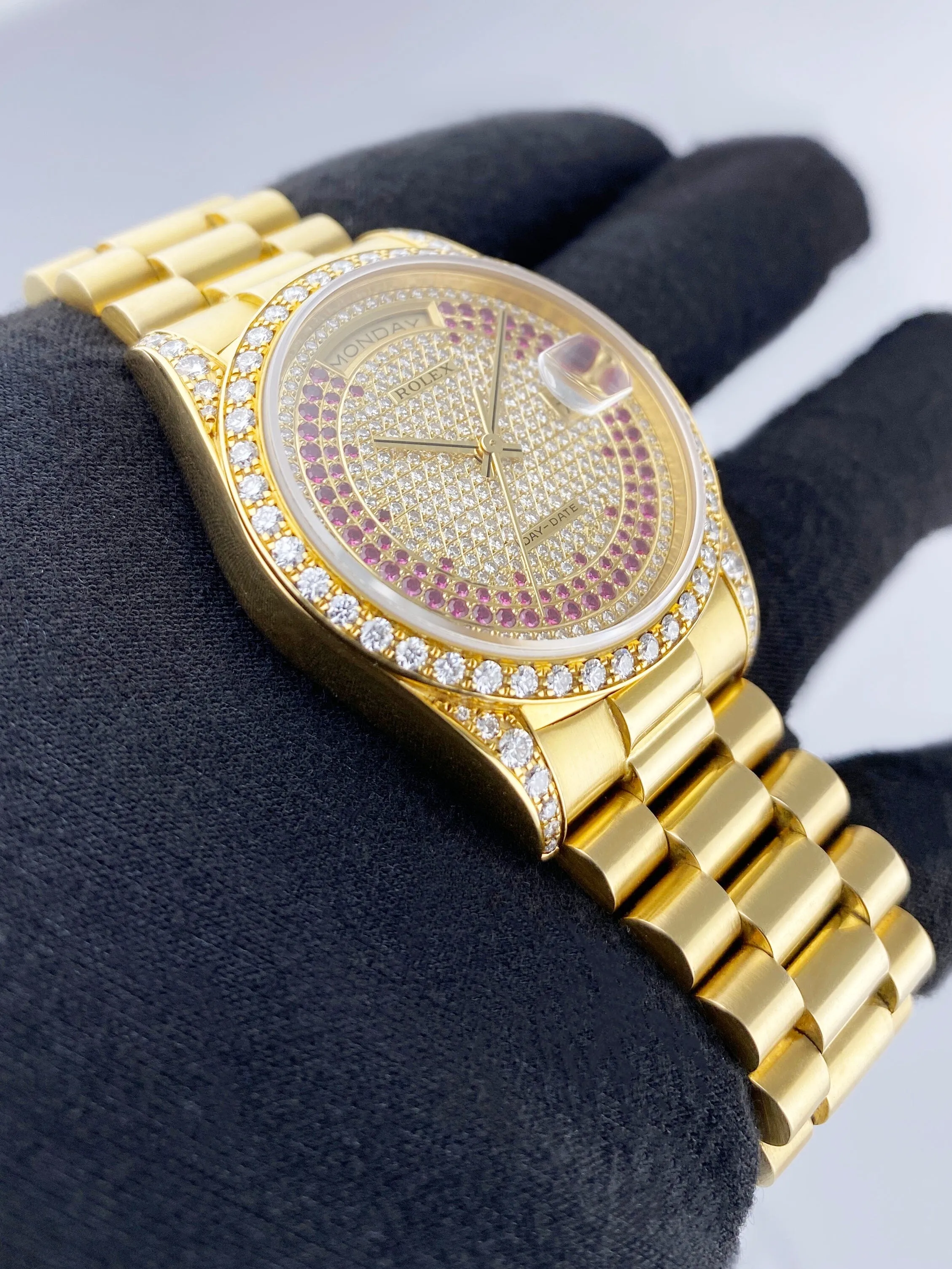 Rolex Day Date 18388 Diamond Ruby Pave Dial Mens Watch