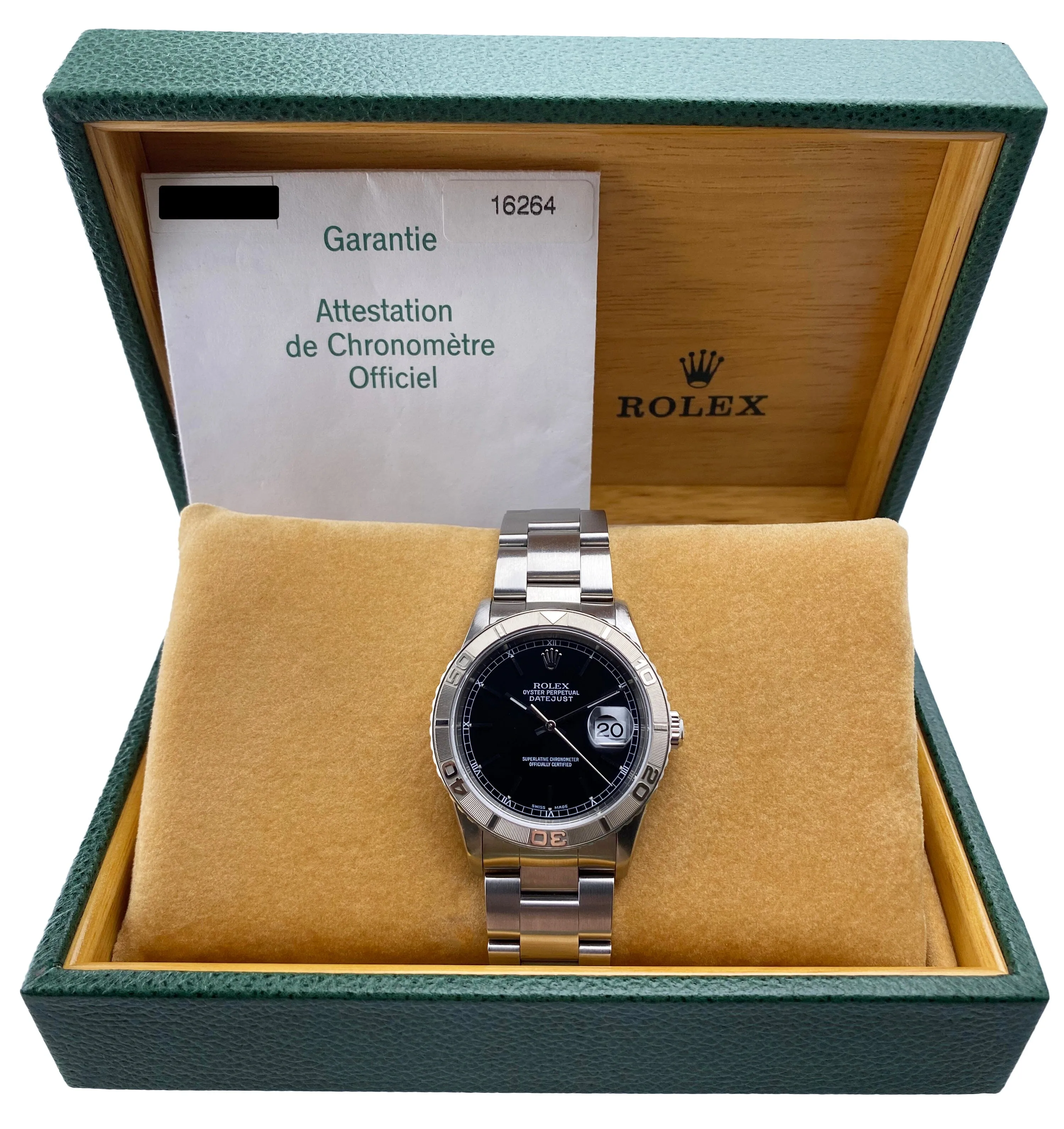 Rolex Oyster Datejust Turn-O-Graph 16264 Black Dial Mens Watch Box Papers