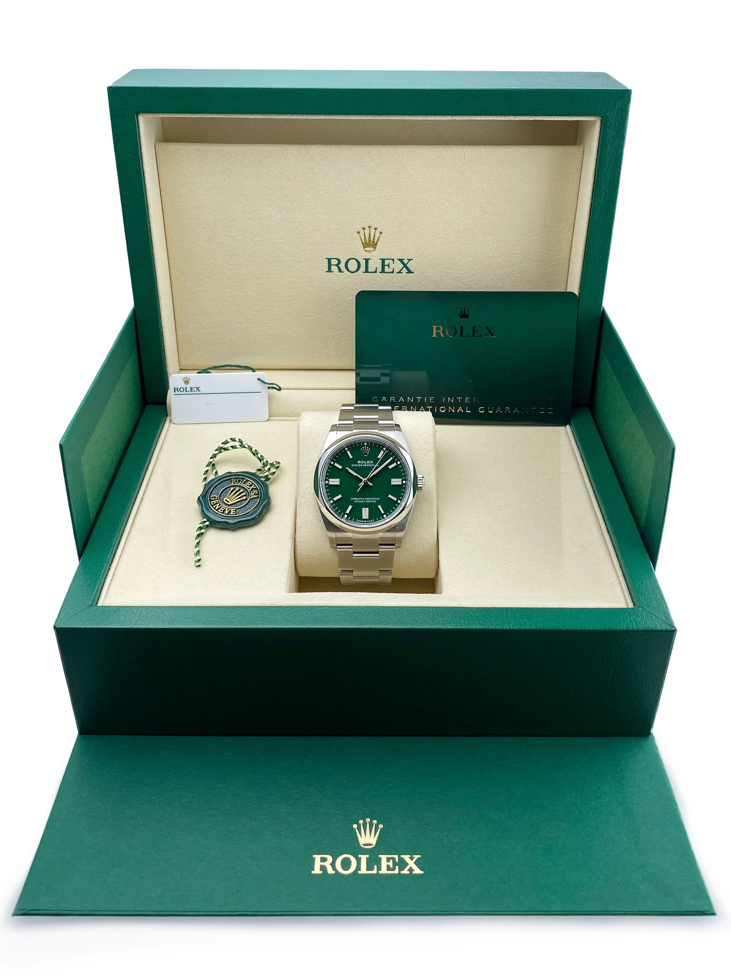 Rolex Oyster Perpetual 126000 Green Dial Mens Watch Box Papers
