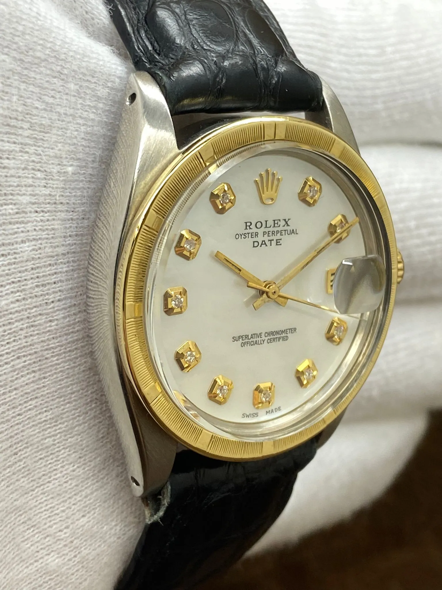 Rolex Oyster Perpetual Date 34mm 1500 Custom MOP Diamond Dial Automatic Watch