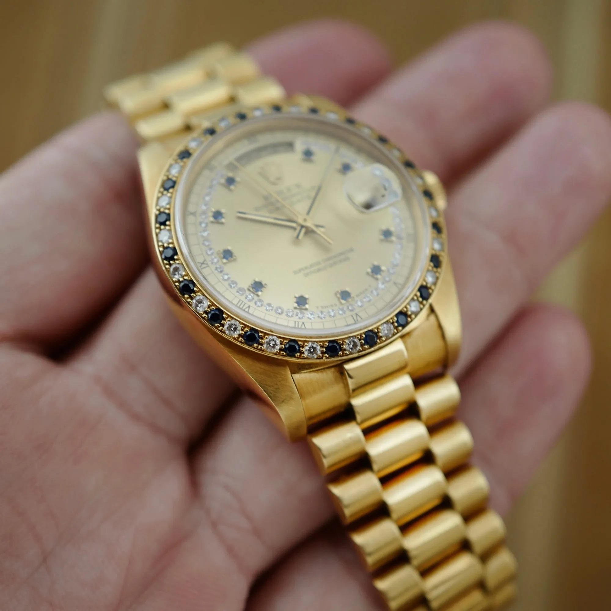Rolex Yellow Gold Day-Date Ref. 18148 with Sapphire and Diamond String Dial and Bezel (New Arrival)