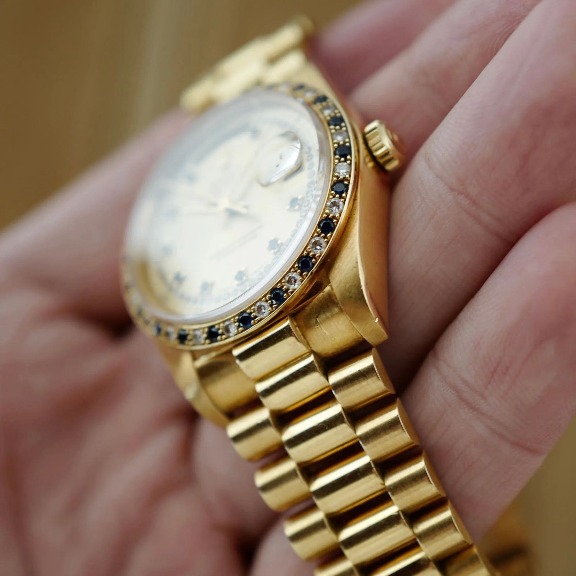 Rolex Yellow Gold Day-Date Ref. 18148 with Sapphire and Diamond String Dial and Bezel (New Arrival)