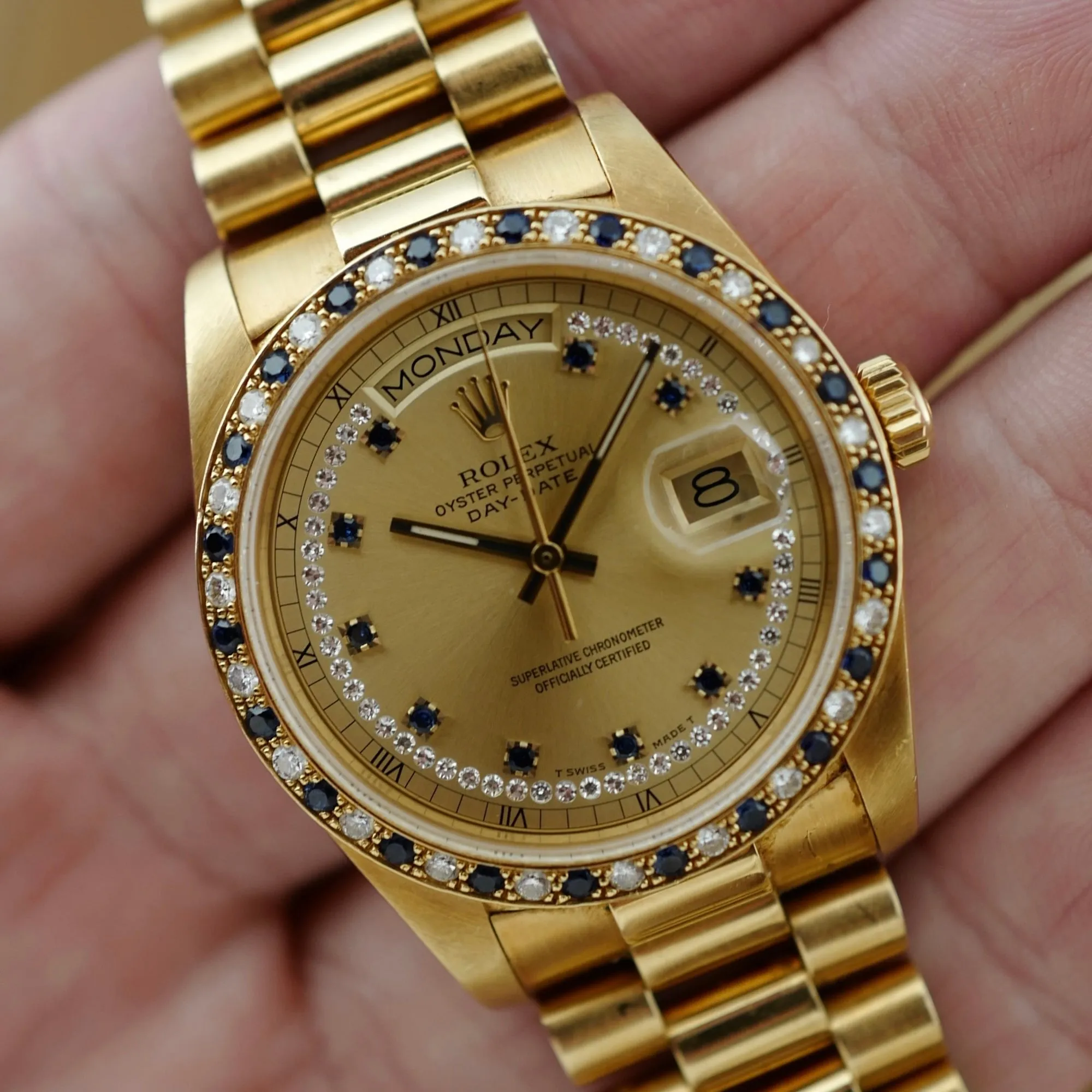Rolex Yellow Gold Day-Date Ref. 18148 with Sapphire and Diamond String Dial and Bezel (New Arrival)