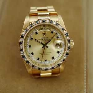 Rolex Yellow Gold Day-Date Ref. 18148 with Sapphire and Diamond String Dial and Bezel (New Arrival)