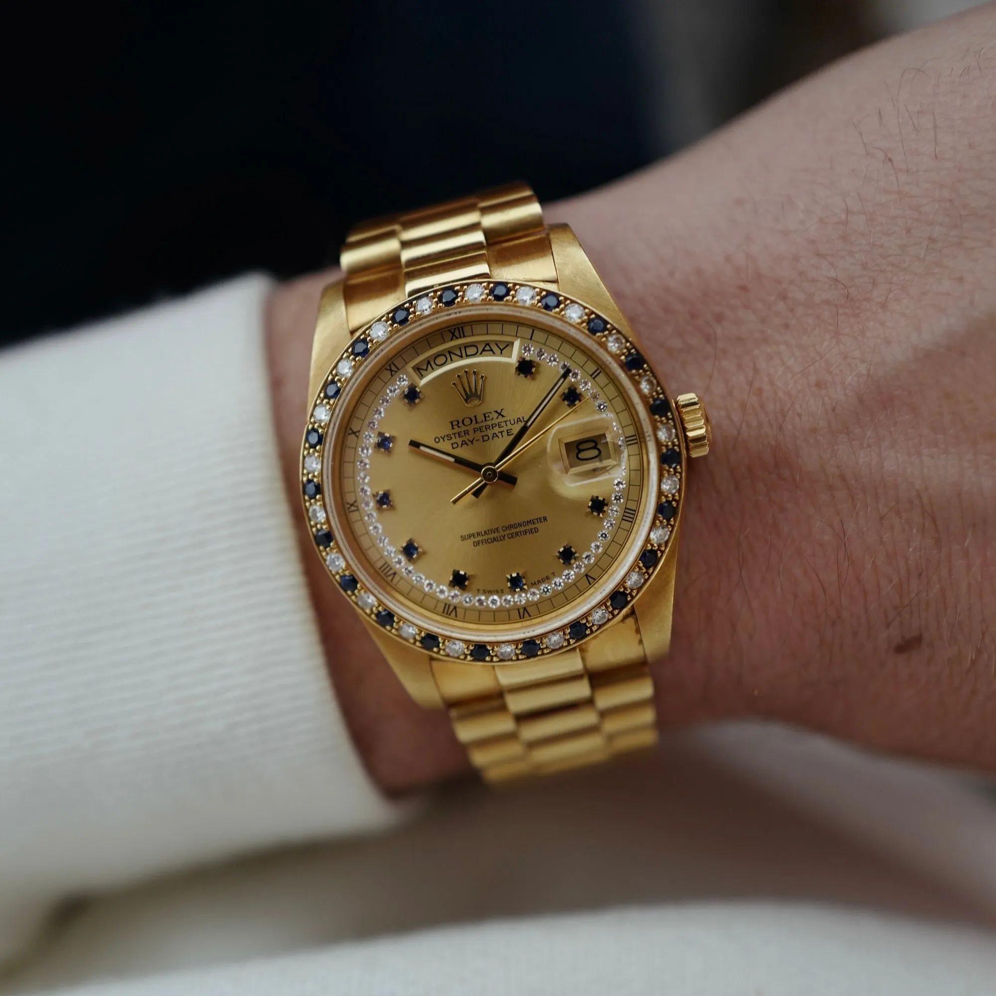 Rolex Yellow Gold Day-Date Ref. 18148 with Sapphire and Diamond String Dial and Bezel (New Arrival)