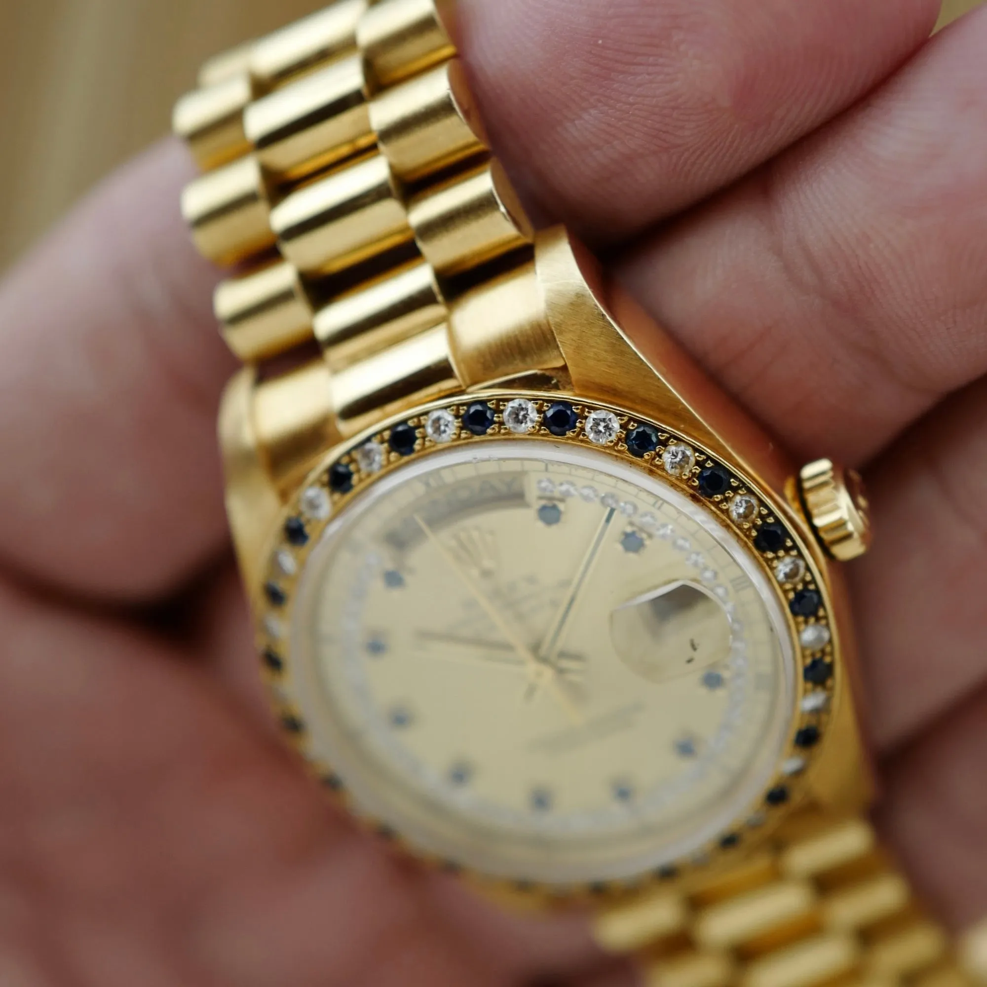 Rolex Yellow Gold Day-Date Ref. 18148 with Sapphire and Diamond String Dial and Bezel (New Arrival)