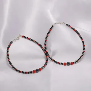 Ruby Charm and Black Beads 925 Sterling Silver Anklets