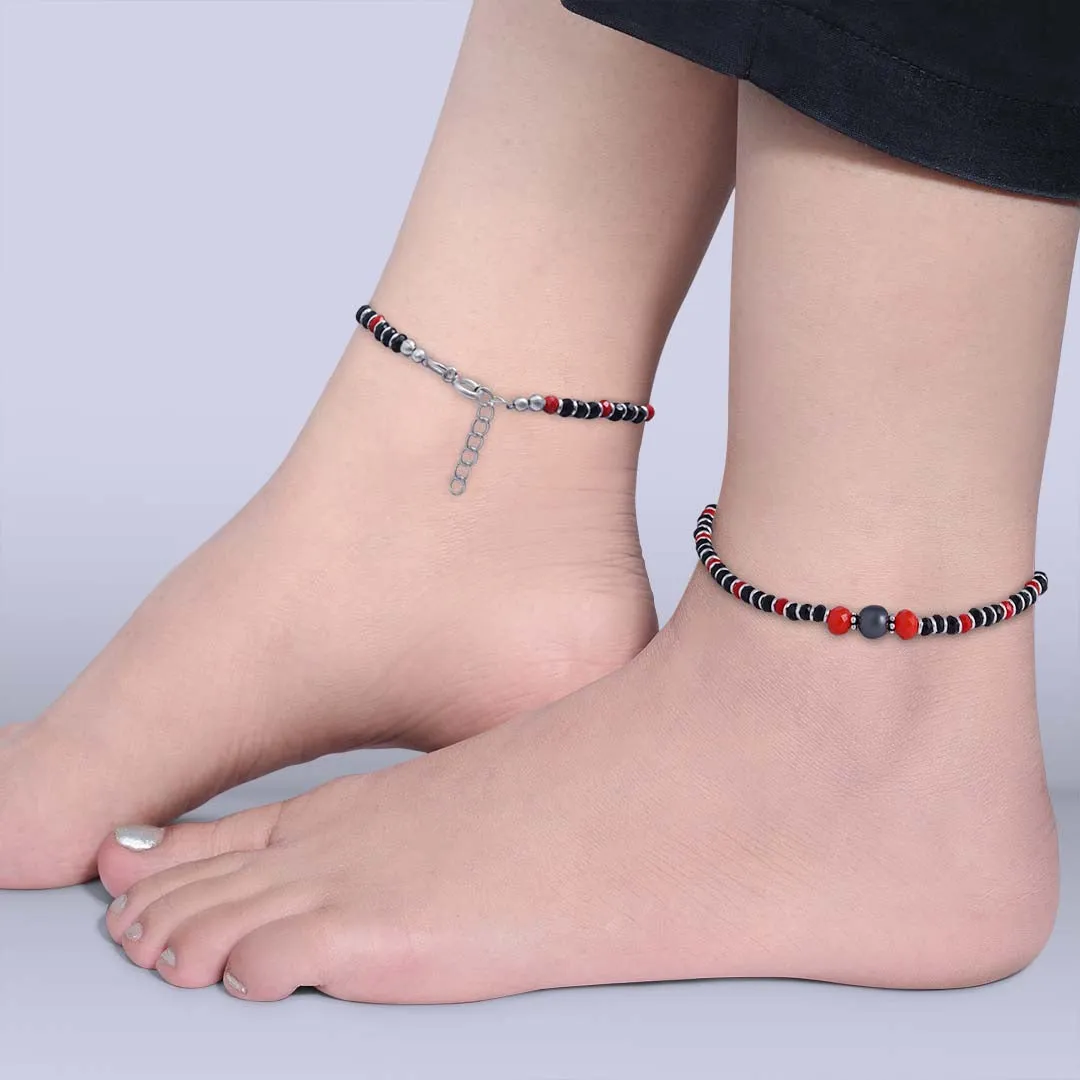 Ruby Charm and Black Beads 925 Sterling Silver Anklets