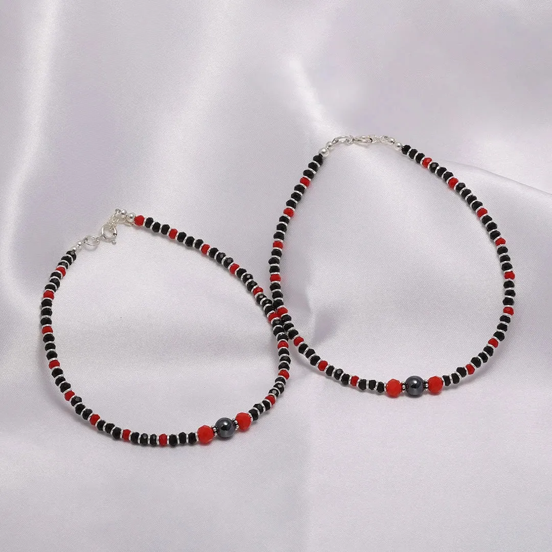 Ruby Charm and Black Beads 925 Sterling Silver Anklets