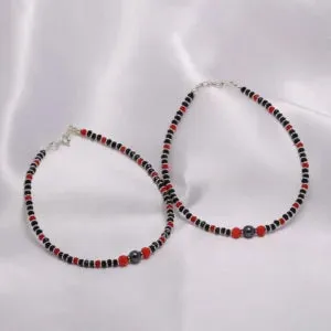Ruby Charm and Black Beads 925 Sterling Silver Anklets