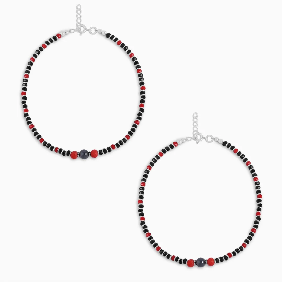 Ruby Charm and Black Beads 925 Sterling Silver Anklets