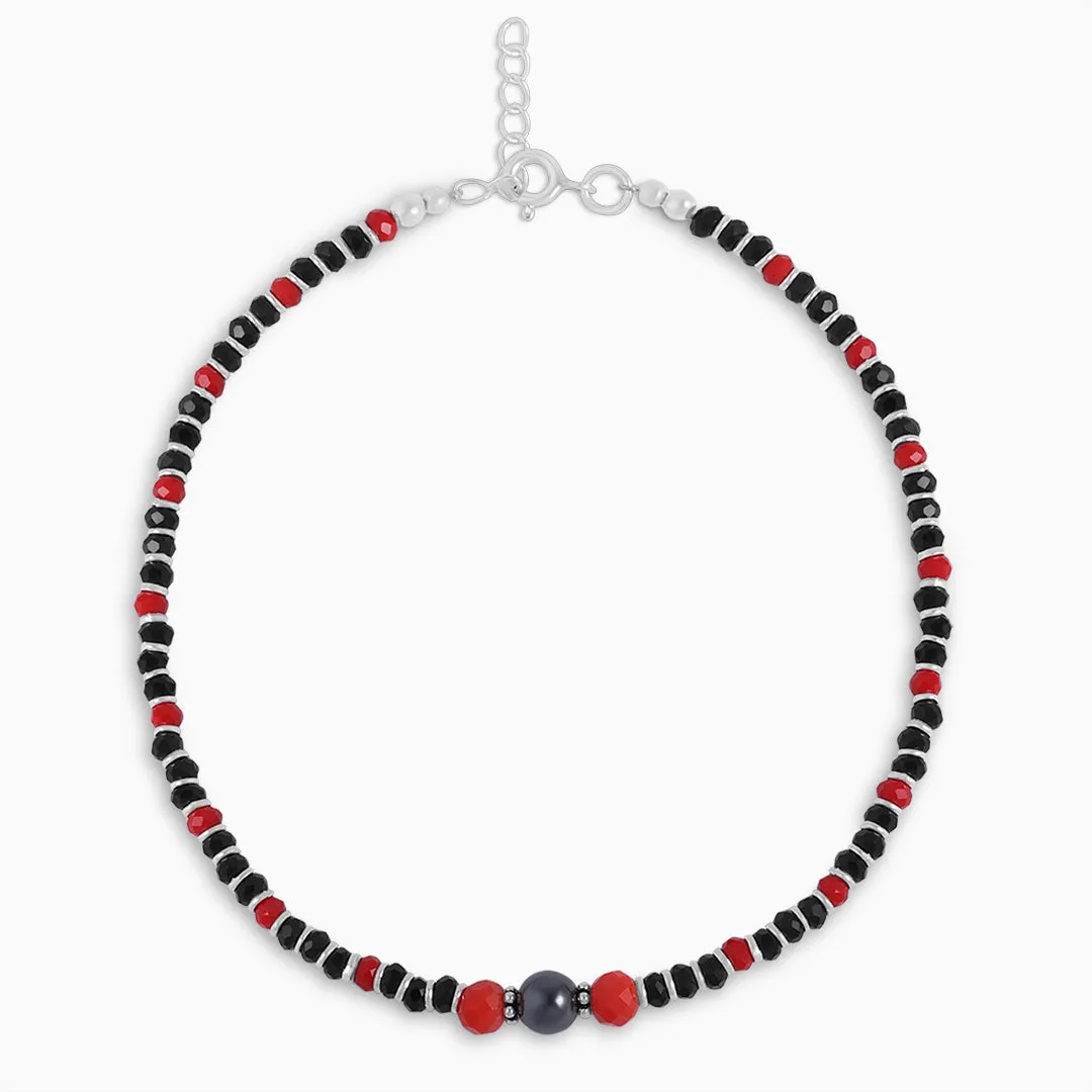 Ruby Charm and Black Beads 925 Sterling Silver Anklets