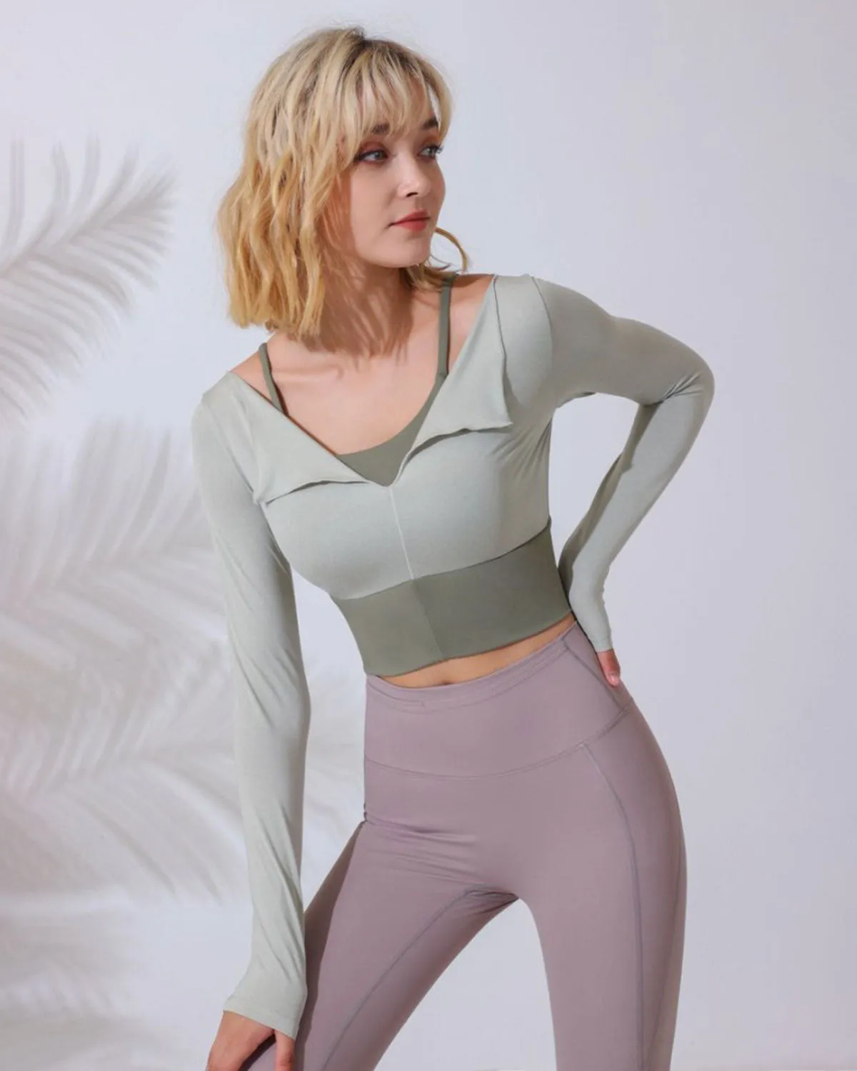 Sage Green Round Neck Long Sleeve Top - Light Support