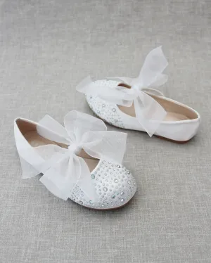 Satin Mary Jane Flats With Rhinestones Embellishment & White Chiffon Bow