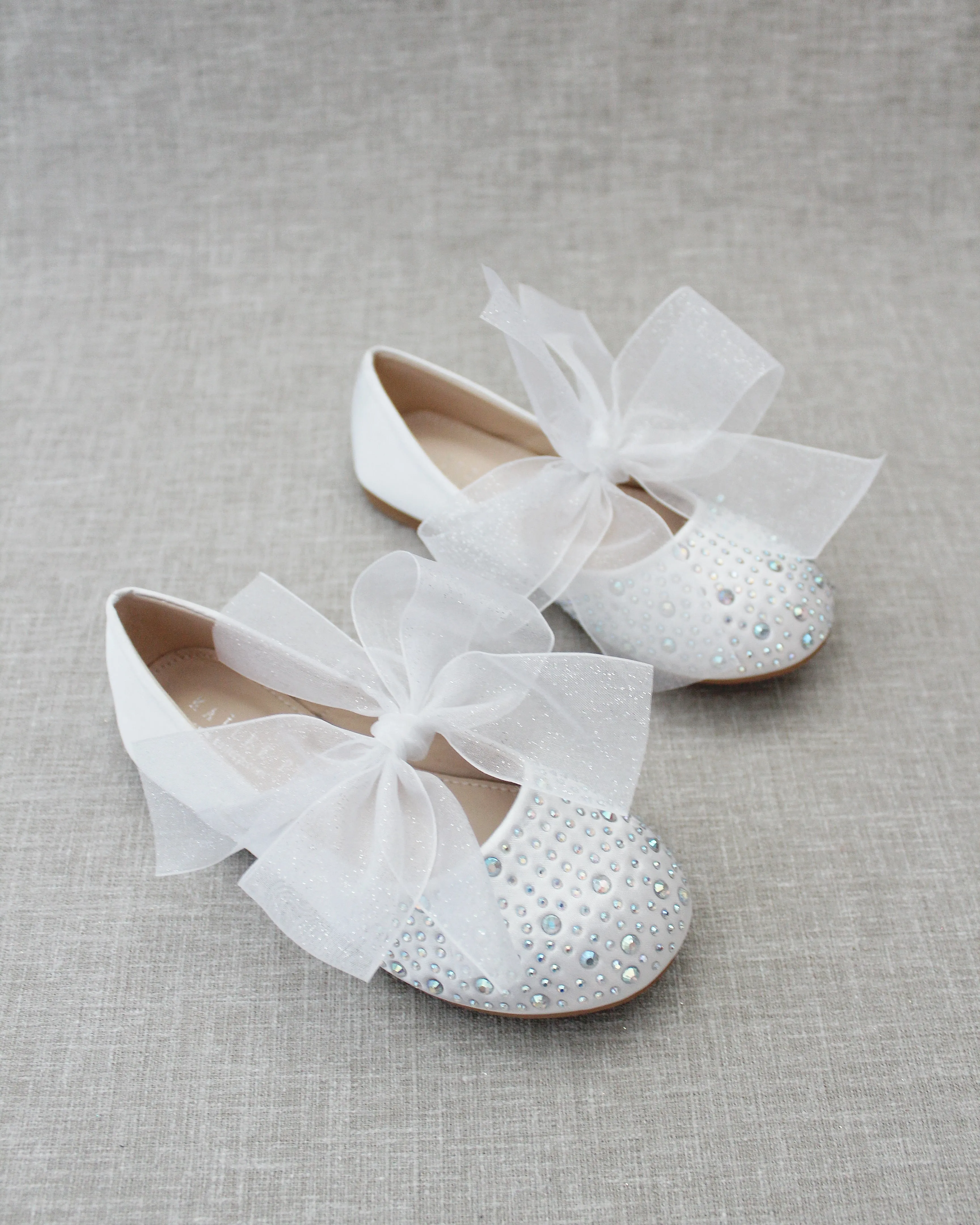 Satin Mary Jane Flats With Rhinestones Embellishment & White Chiffon Bow