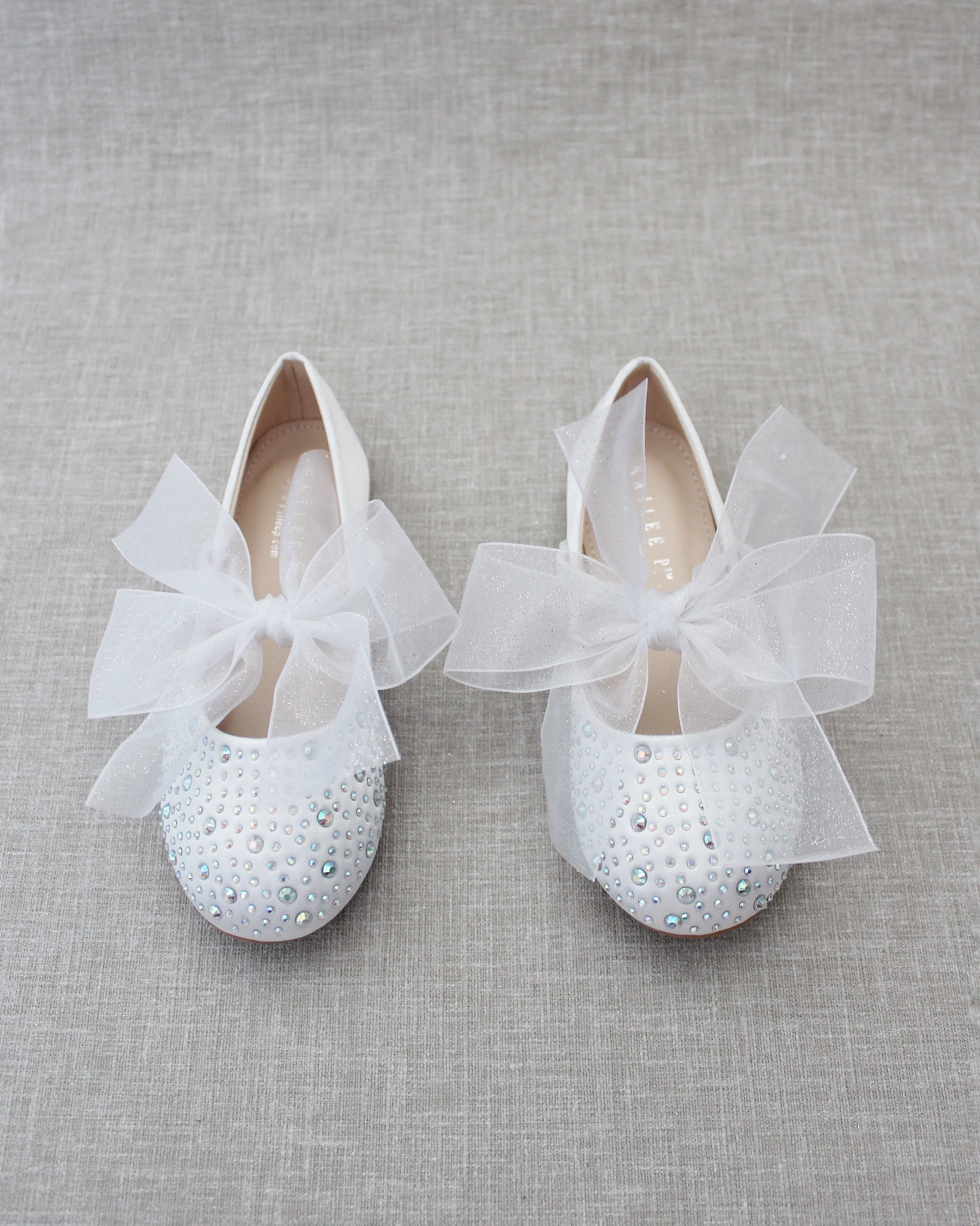 Satin Mary Jane Flats With Rhinestones Embellishment & White Chiffon Bow
