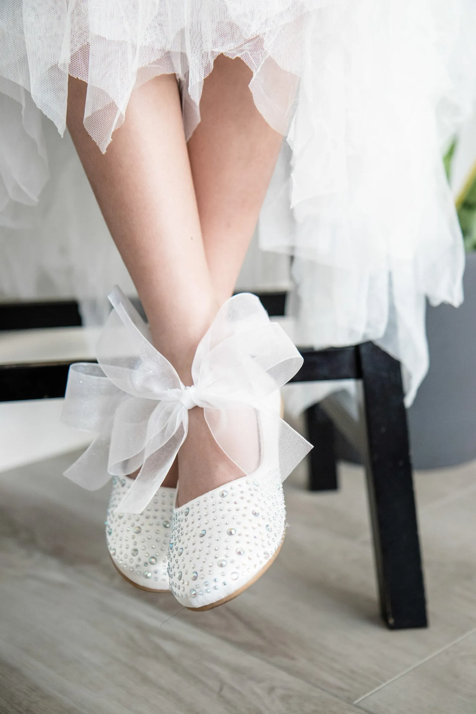 Satin Mary Jane Flats With Rhinestones Embellishment & White Chiffon Bow