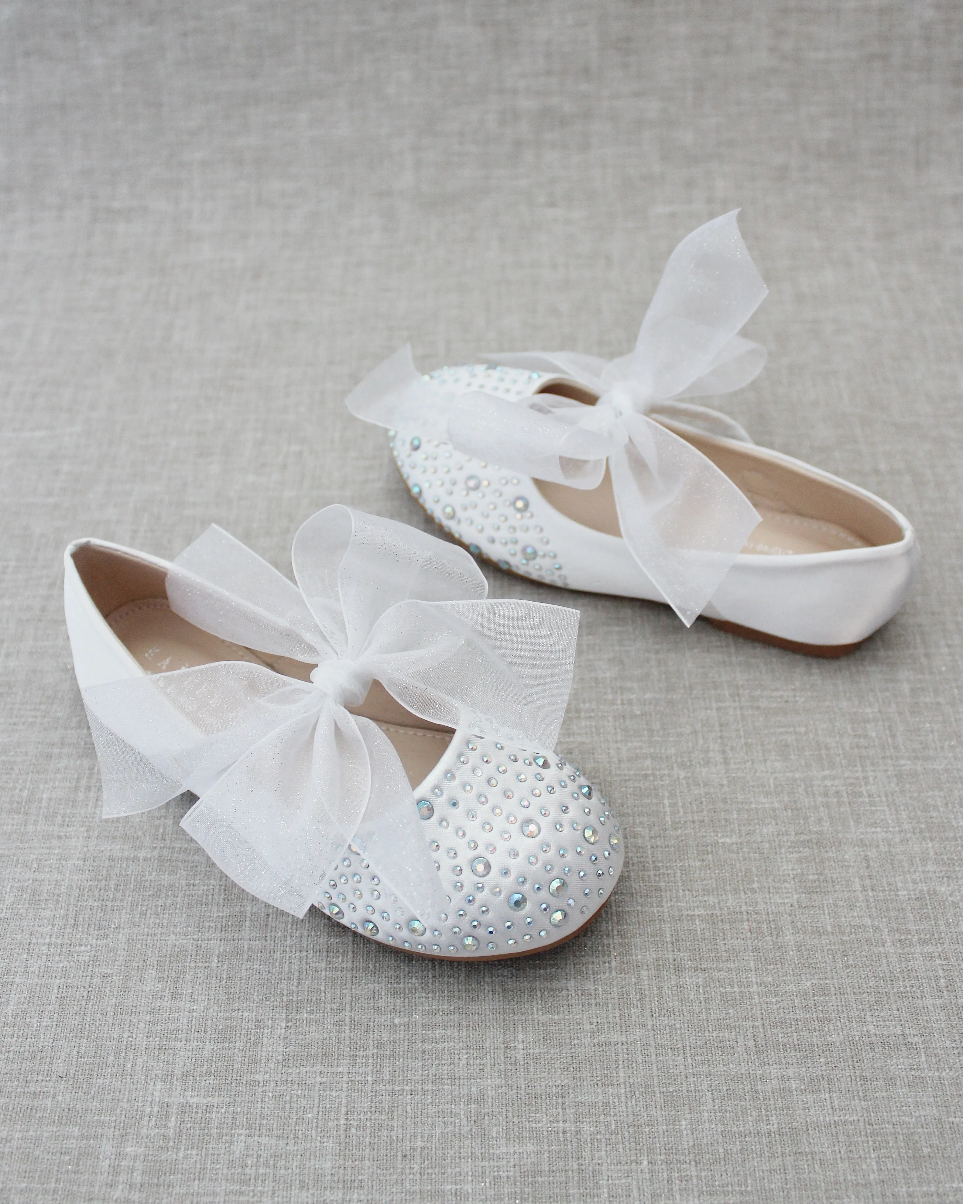 Satin Mary Jane Flats With Rhinestones Embellishment & White Chiffon Bow