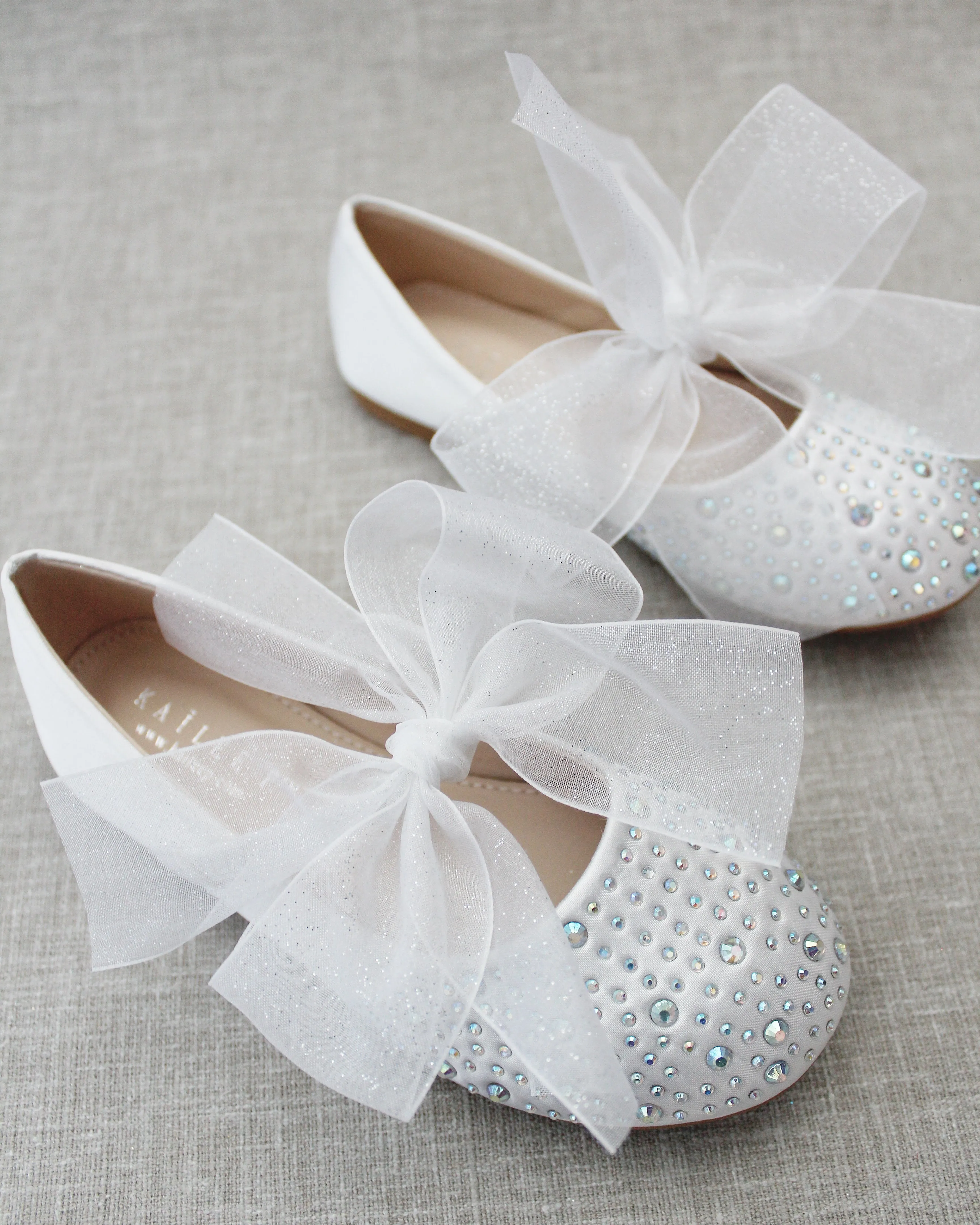 Satin Mary Jane Flats With Rhinestones Embellishment & White Chiffon Bow