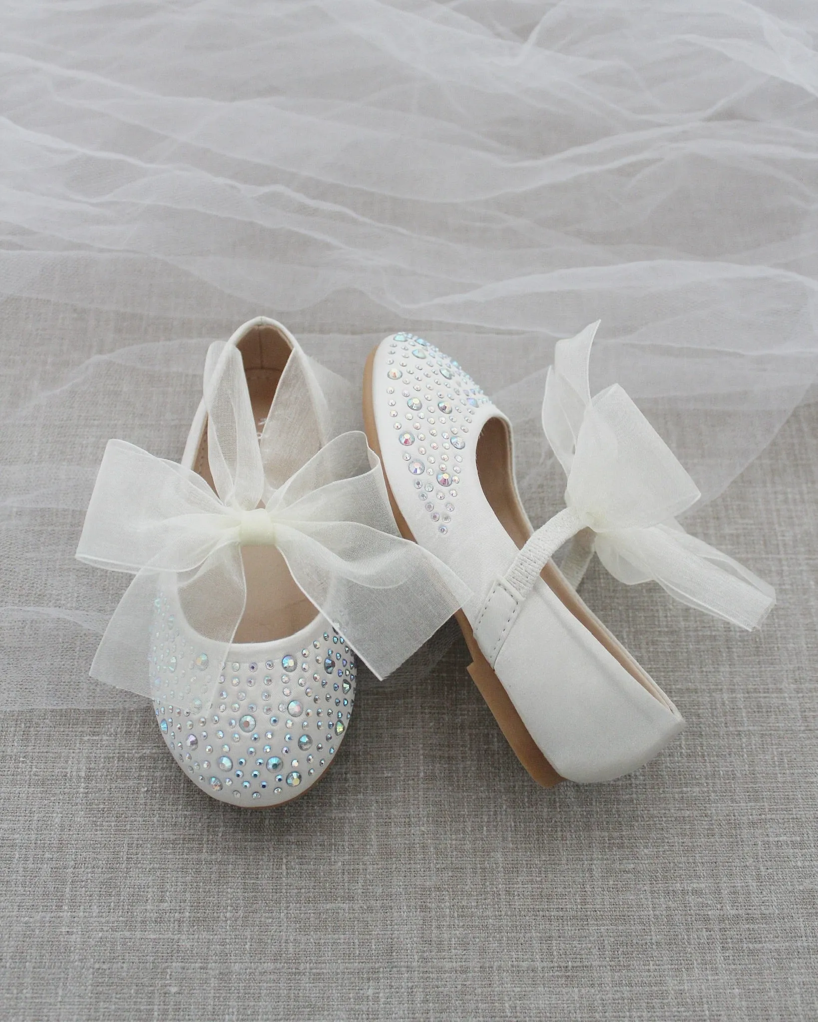 Satin Mary Jane Flats With Rhinestones Embellishment and Chiffon Bow
