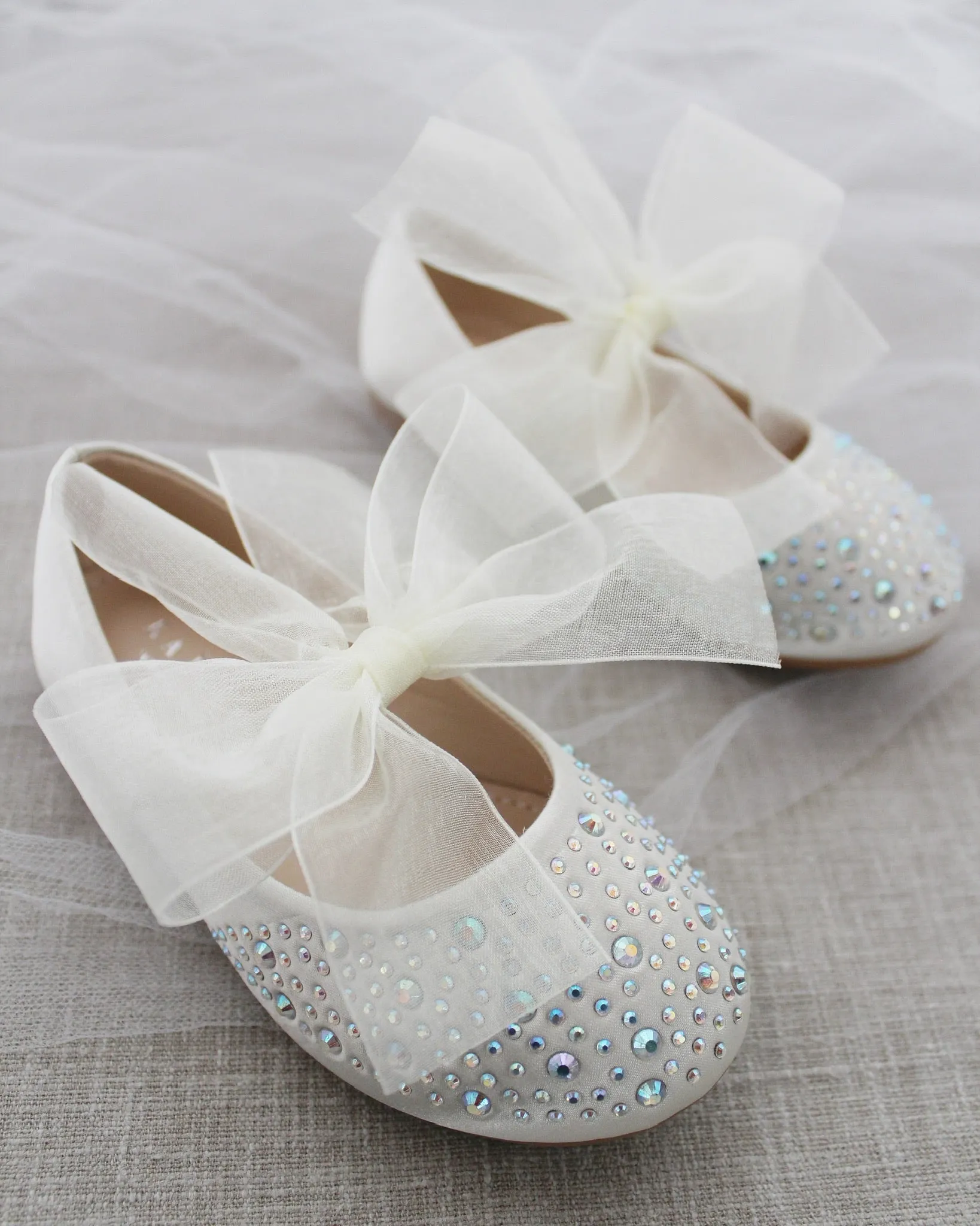 Satin Mary Jane Flats With Rhinestones Embellishment and Chiffon Bow