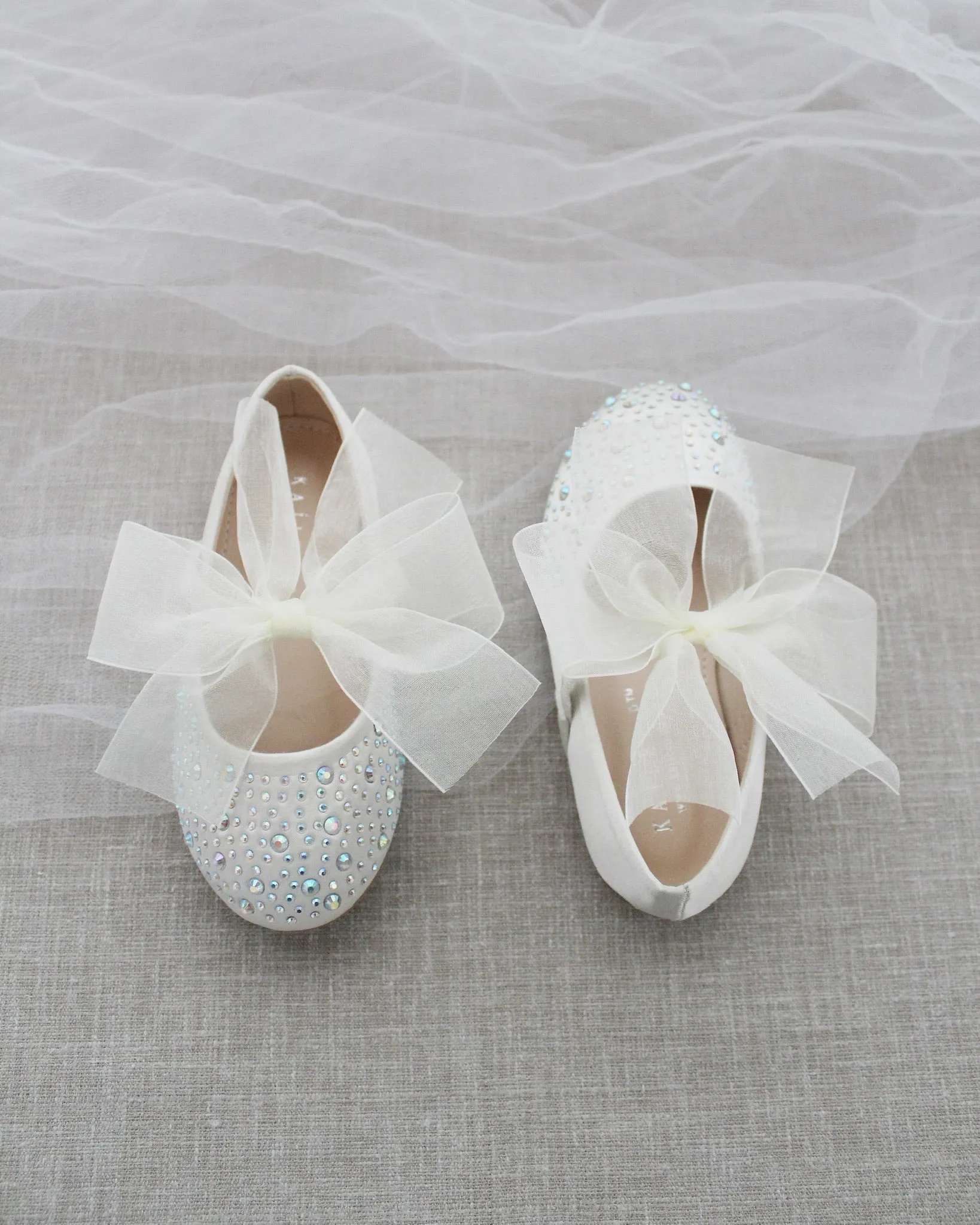 Satin Mary Jane Flats With Rhinestones Embellishment and Chiffon Bow