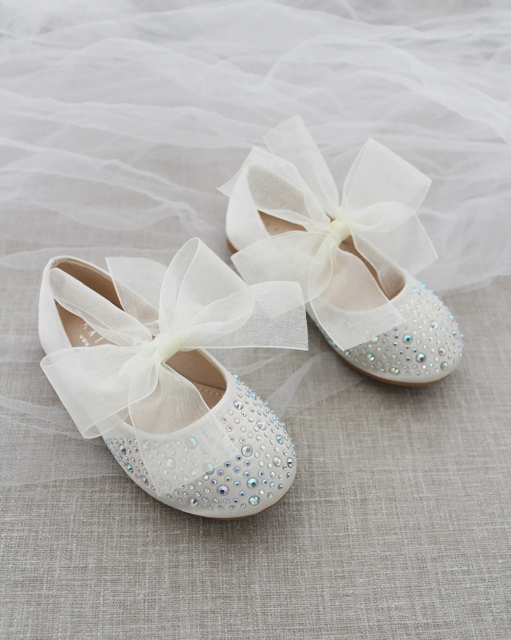 Satin Mary Jane Flats With Rhinestones Embellishment and Chiffon Bow
