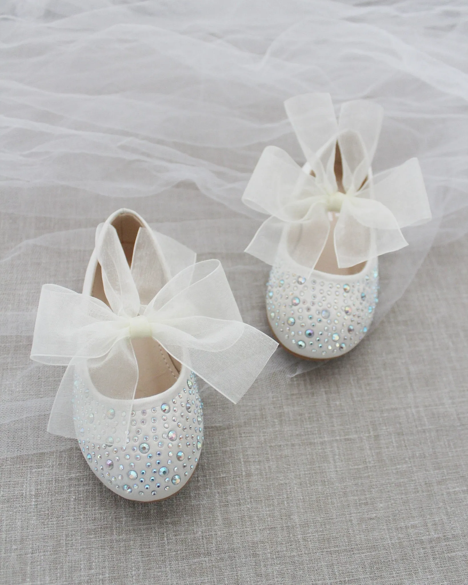 Satin Mary Jane Flats With Rhinestones Embellishment and Chiffon Bow