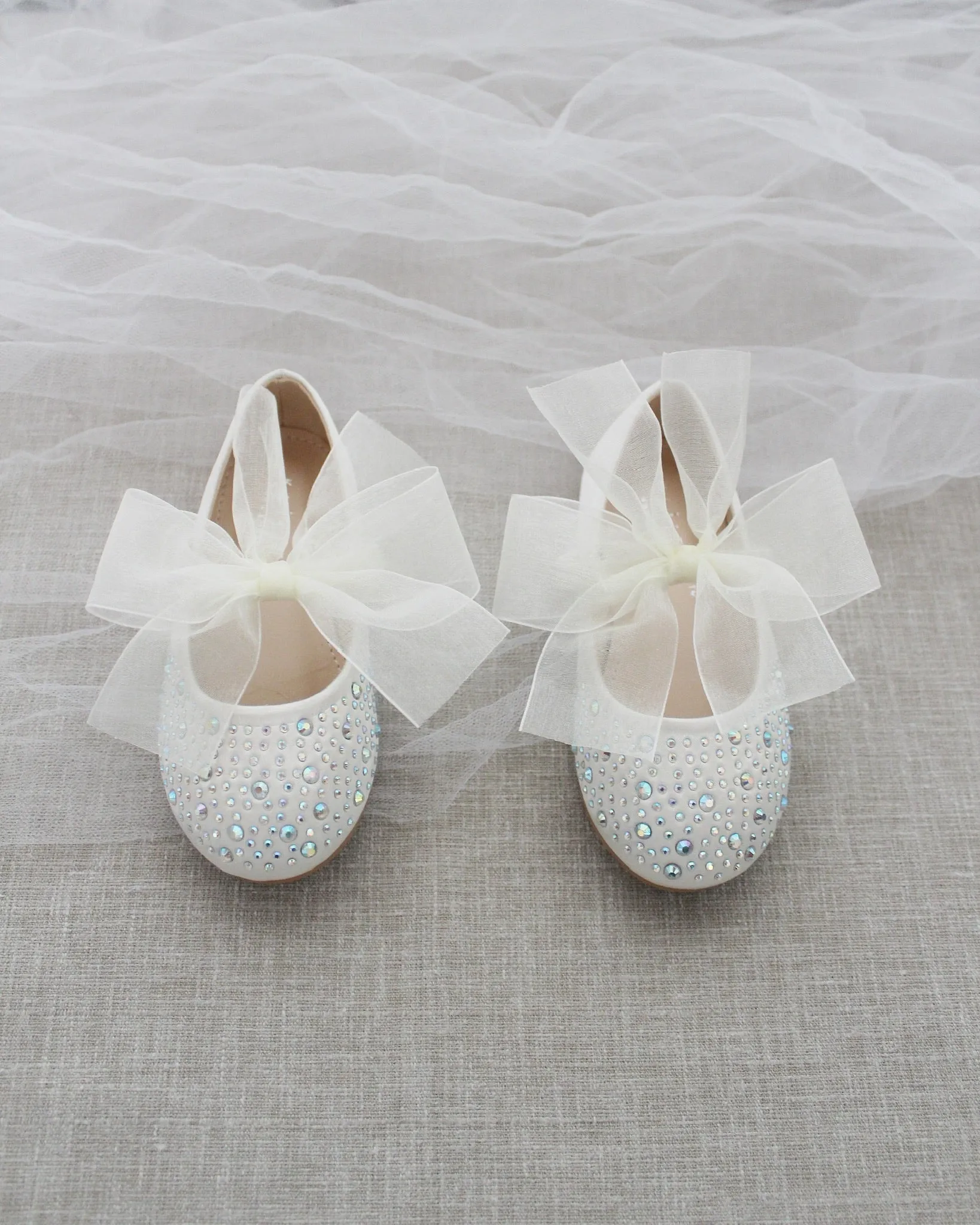 Satin Mary Jane Flats With Rhinestones Embellishment and Chiffon Bow