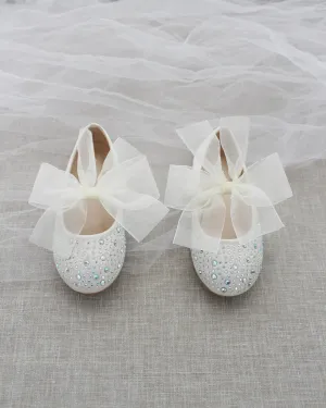 Satin Mary Jane Flats With Rhinestones Embellishment and Chiffon Bow