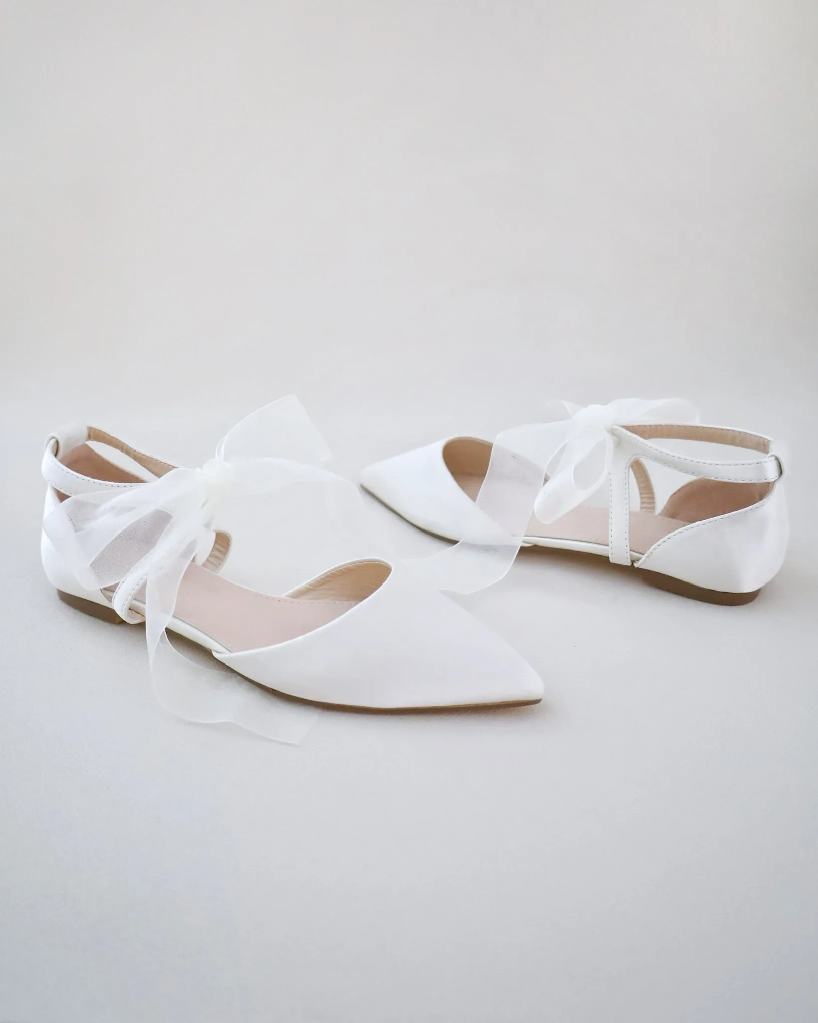 Satin Pointy Toe Flats with Chiffon Ribbon Tie