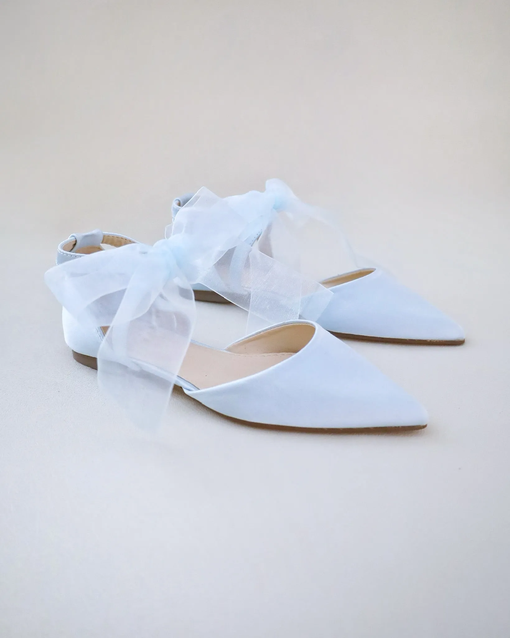 Satin Pointy Toe Flats with Chiffon Ribbon Tie