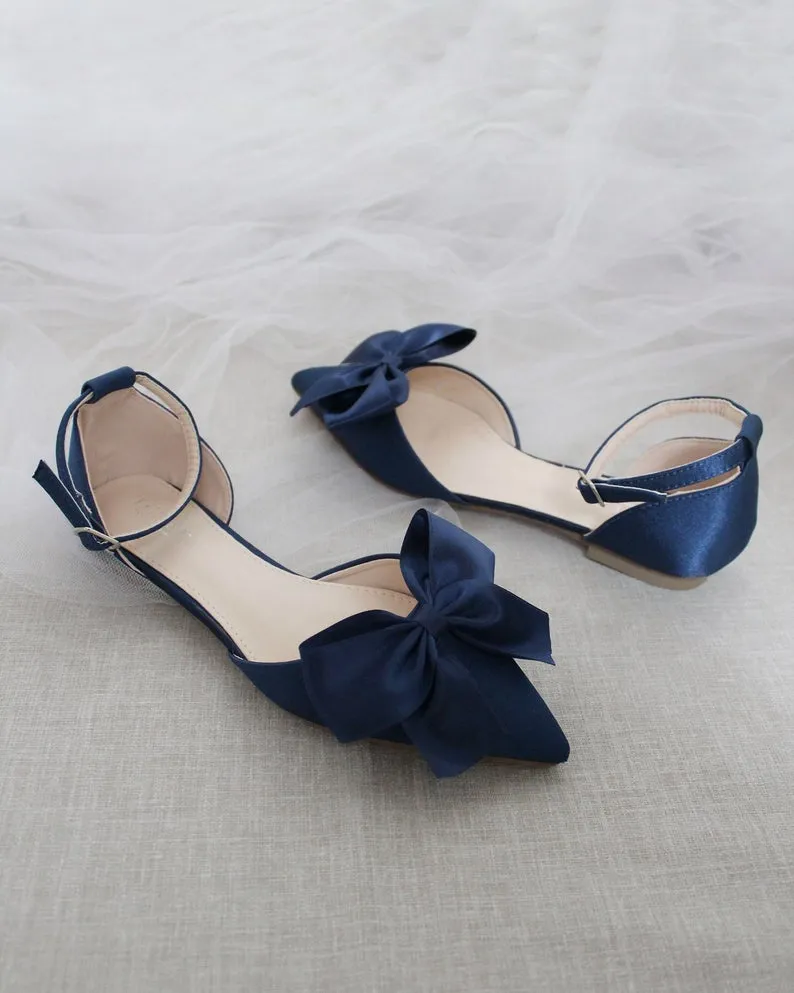 Satin Pointy Toe Flats with Front Satin Bow
