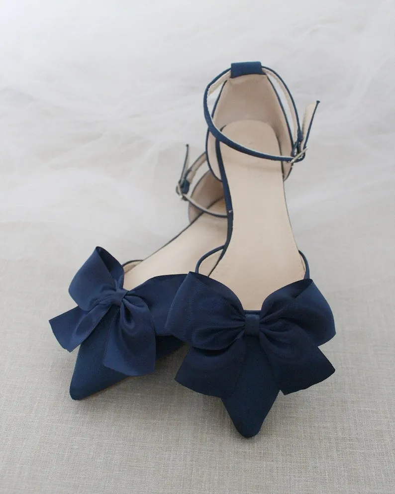Satin Pointy Toe Flats with Front Satin Bow