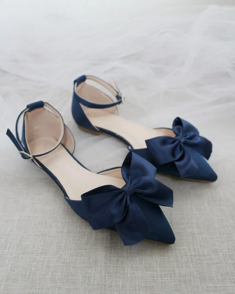 Satin Pointy Toe Flats with Front Satin Bow