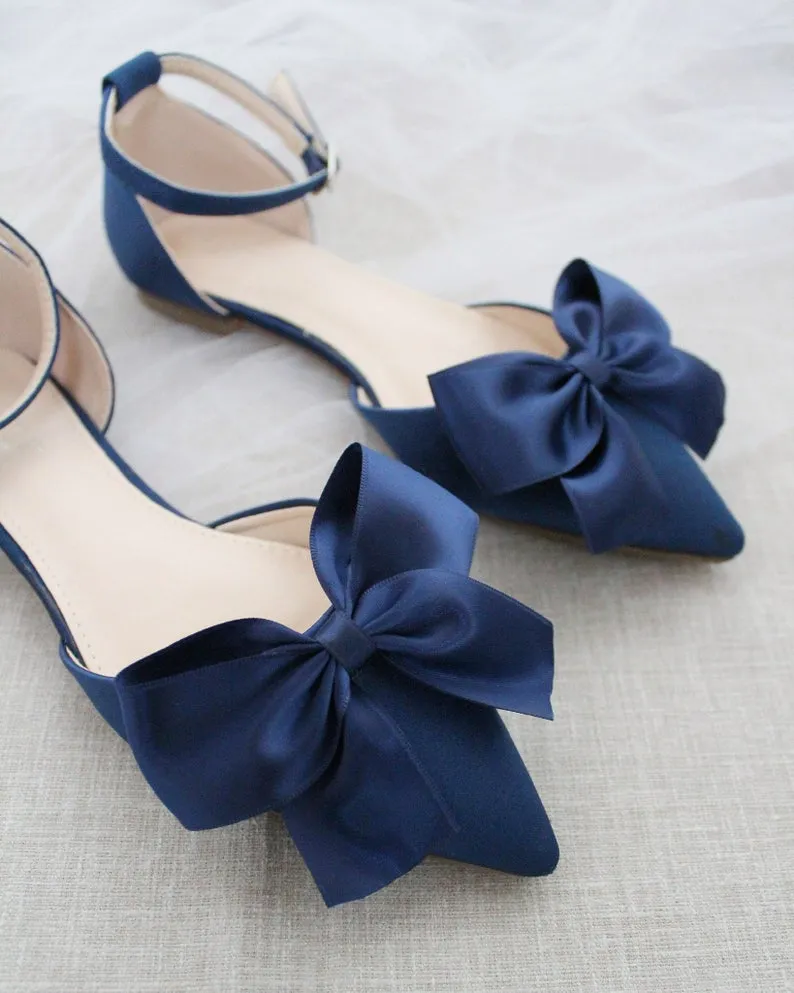 Satin Pointy Toe Flats with Front Satin Bow