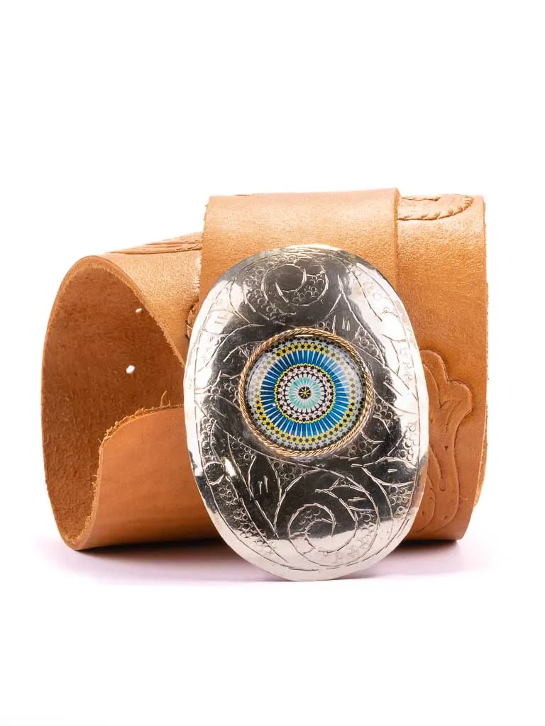 Scroll Hand Tooled Belt Wide Mandala Buckle