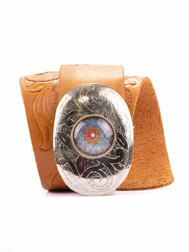 Scroll Hand Tooled Belt Wide Mandala Buckle