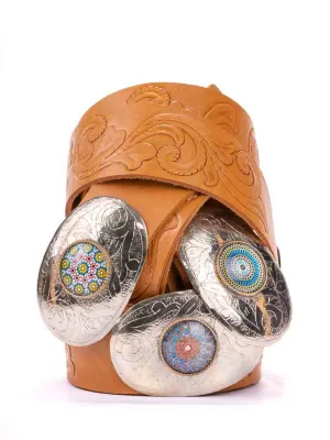 Scroll Hand Tooled Belt Wide Mandala Buckle