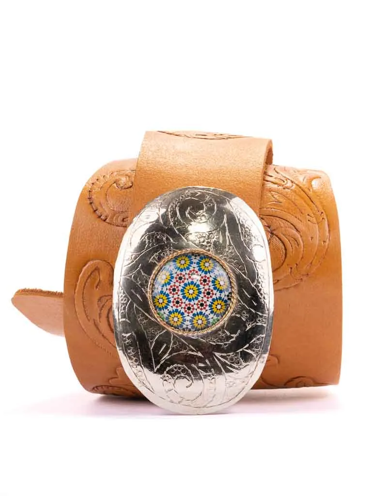 Scroll Hand Tooled Belt Wide Mandala Buckle