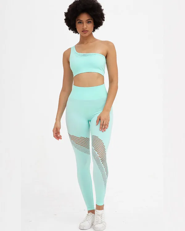 Seamless Mesh One Shoulder Crop Tops And High Waisted Leggings Gym Sets