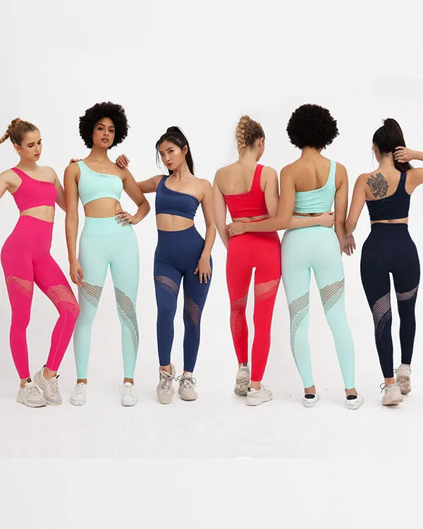 Seamless Mesh One Shoulder Crop Tops And High Waisted Leggings Gym Sets