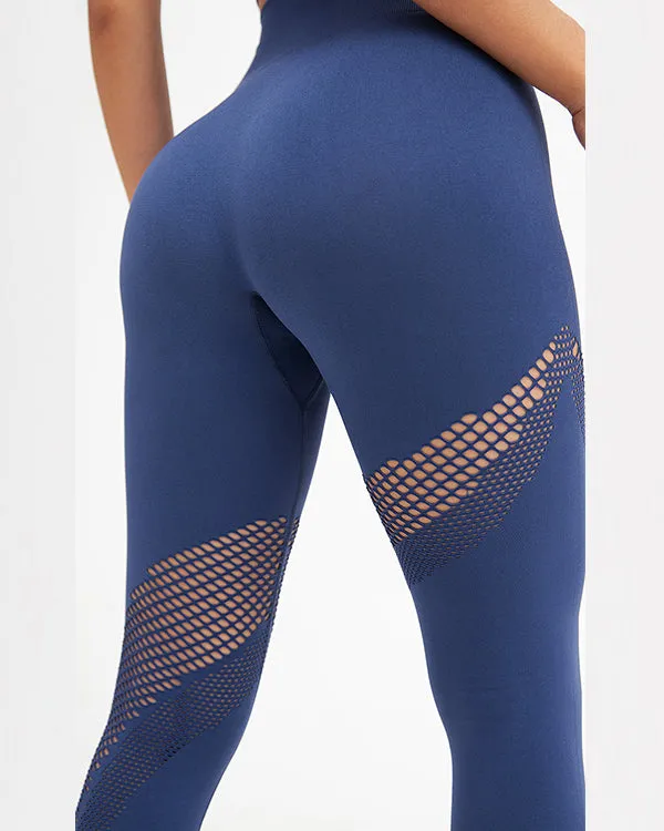Seamless Mesh One Shoulder Crop Tops And High Waisted Leggings Gym Sets