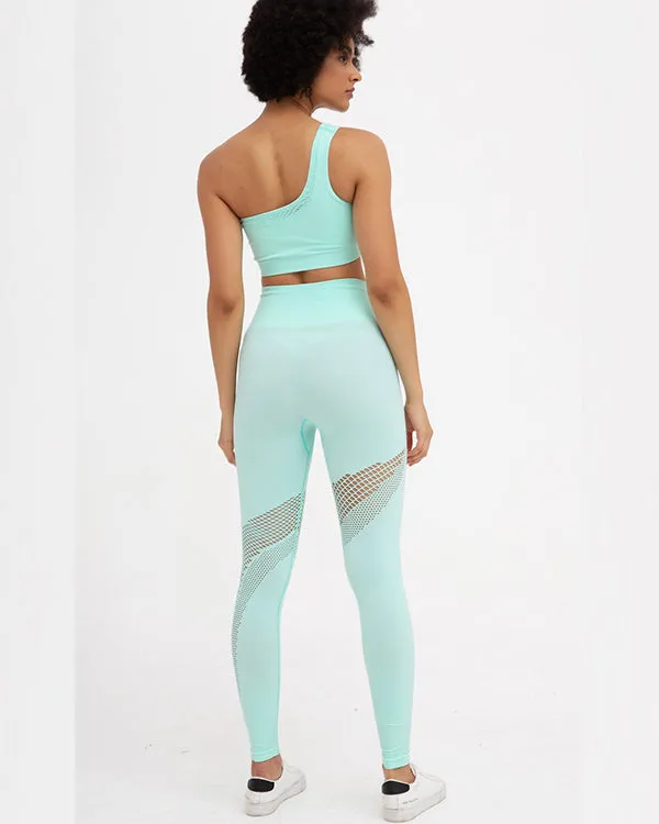 Seamless Mesh One Shoulder Crop Tops And High Waisted Leggings Gym Sets