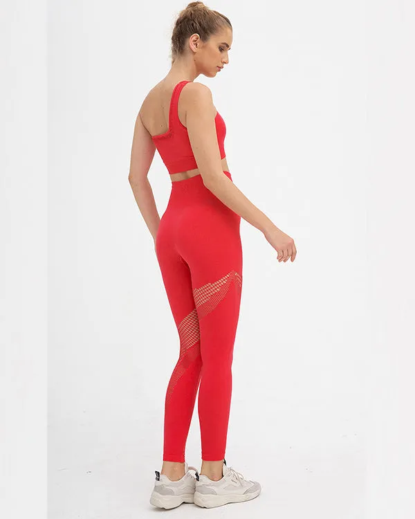 Seamless Mesh One Shoulder Crop Tops And High Waisted Leggings Gym Sets