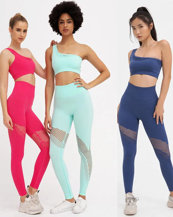 Seamless Mesh One Shoulder Crop Tops And High Waisted Leggings Gym Sets