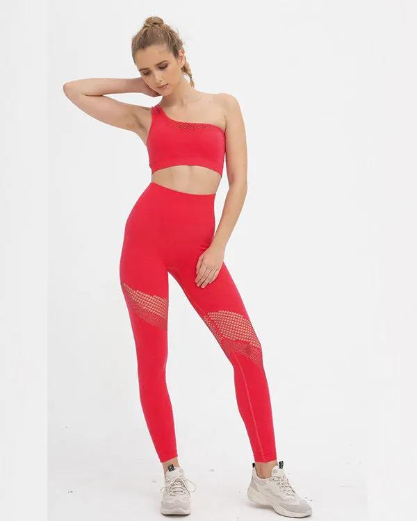 Seamless Mesh One Shoulder Crop Tops And High Waisted Leggings Gym Sets